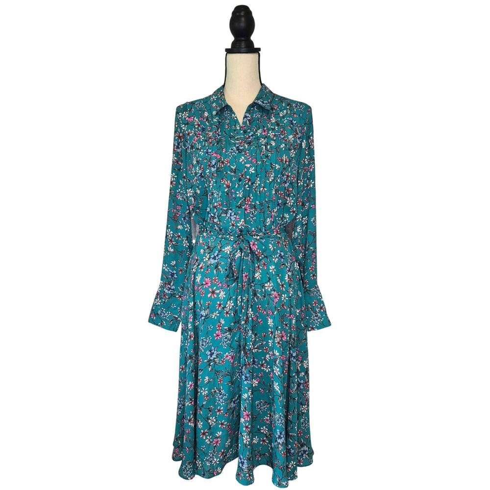 Nanette Lepore dress green teal floral button front midi length belt sash sz 10